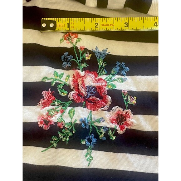 August Silk Striped Tee with Floral Embroidery Ruffled Sleeve - Picture 2 of 10